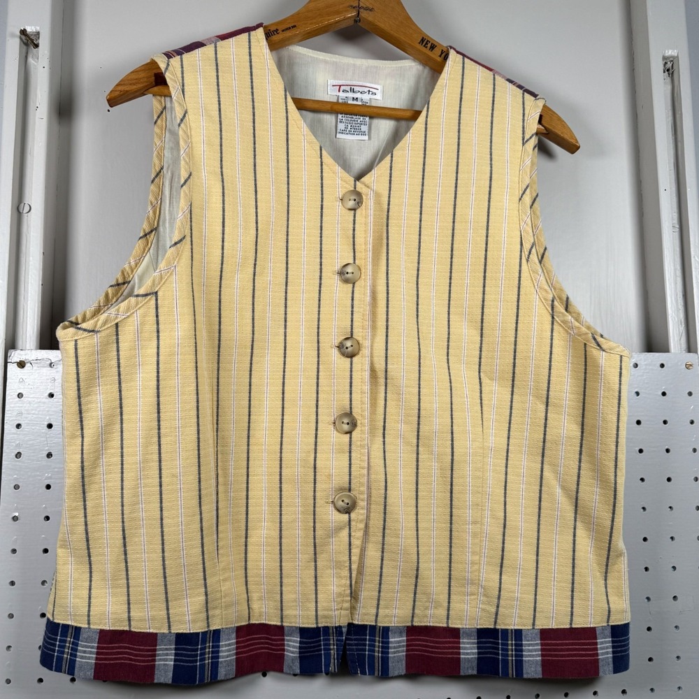 VTG Talbots Vest Womens M Multicolor Striped Plaid Button Front‎ Light Academia